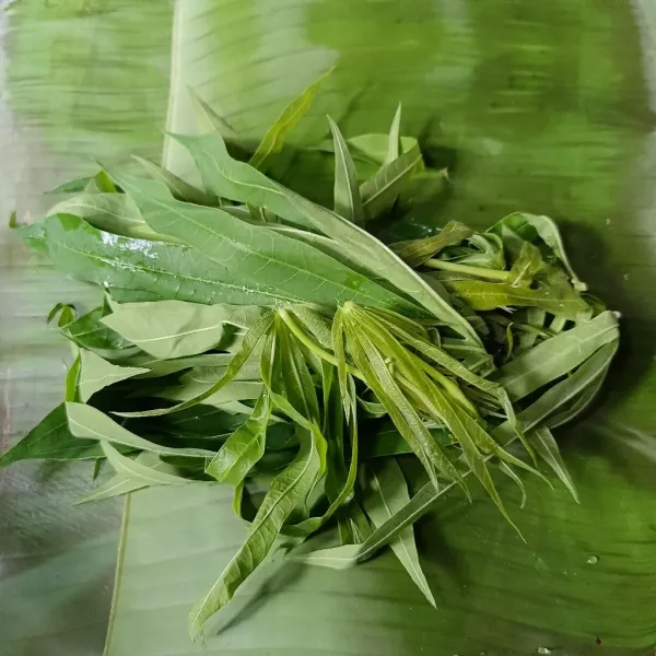 Letakkan daun singkong diatas daun pisang.