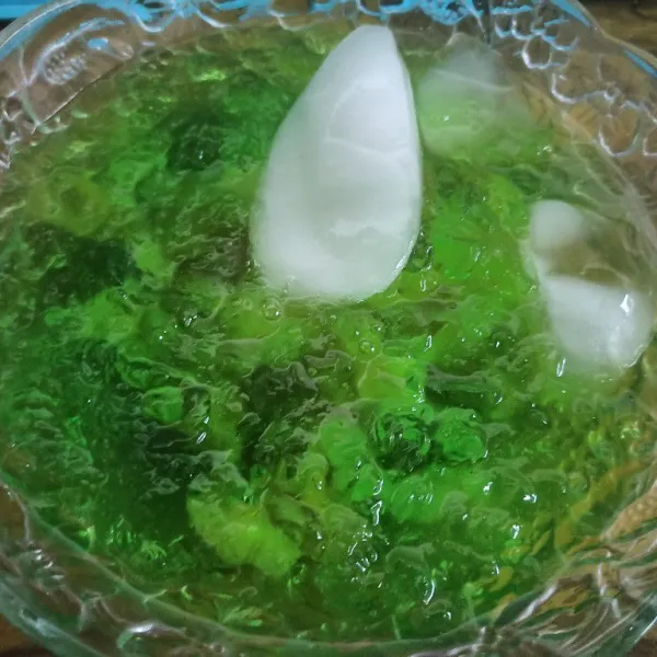 Selanjutnya pindahkan jelly lumut kedalam mangkuk berisi melon.