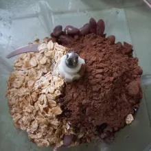 Masukan kacang merah rebus, oat, coklat bubuk, minyak dan air di food processor, kemudian haluskan.