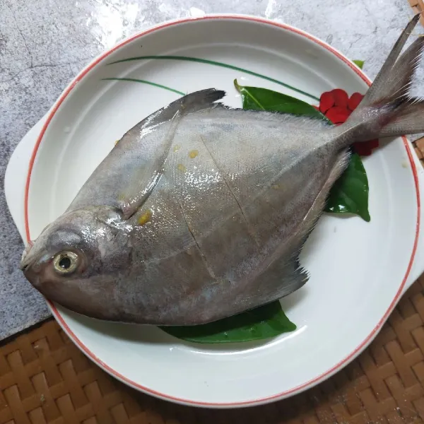 Susun daun salam di atas piring, lalu letakkan ikan bawal di atasnya.