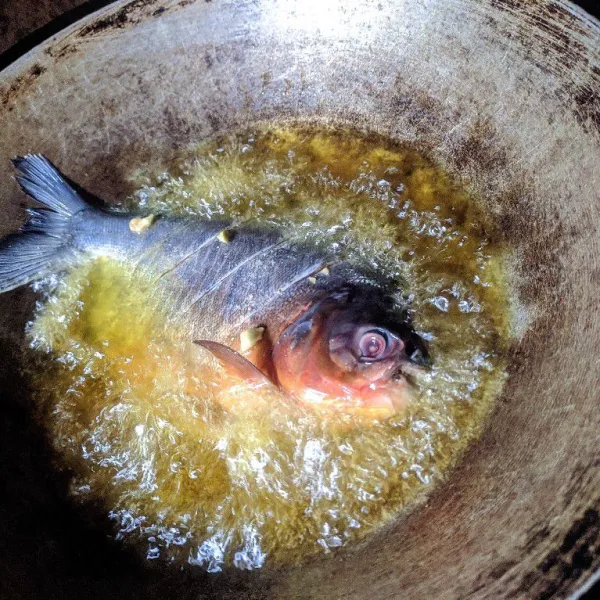 Goreng ikan hingga kuning kecoklatan.