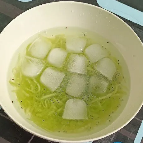 Campurkan semua bahan lalu tambahkan sirup melon, air dan es batu. Es kuwut Siap disajikan