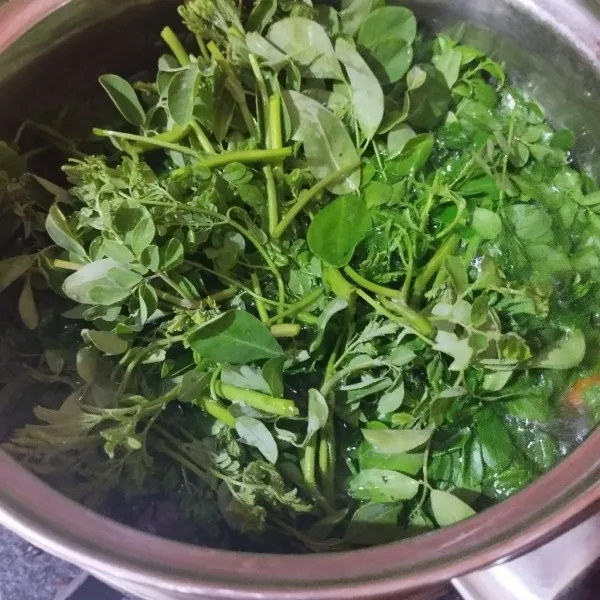 Terakhir masukkan daun kelor.tambahkan kaldu bubuk.masak selama 3 menit.koreksi rasa.matikkan api,sajikan dg taburan bawang merah goreng.