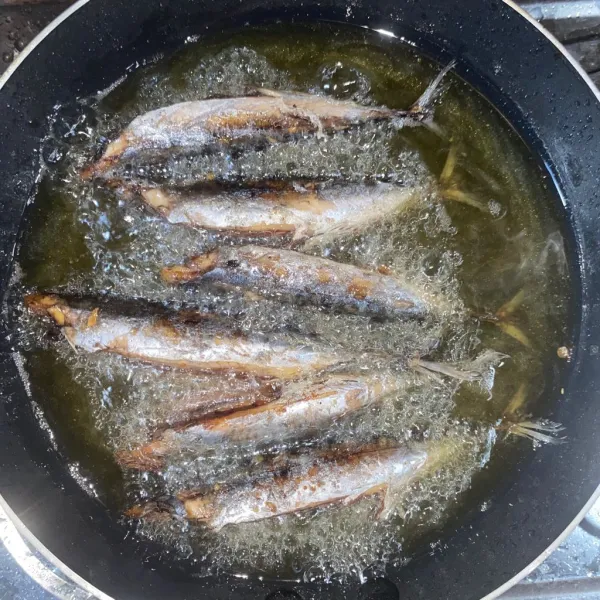 Bersihkan ikan tongkol lalu goreng sampai setengah kering.