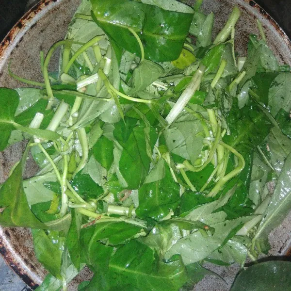 lalu masukan kangkung ke dalam wajan atau penggorengan dan ditambah air sedikit