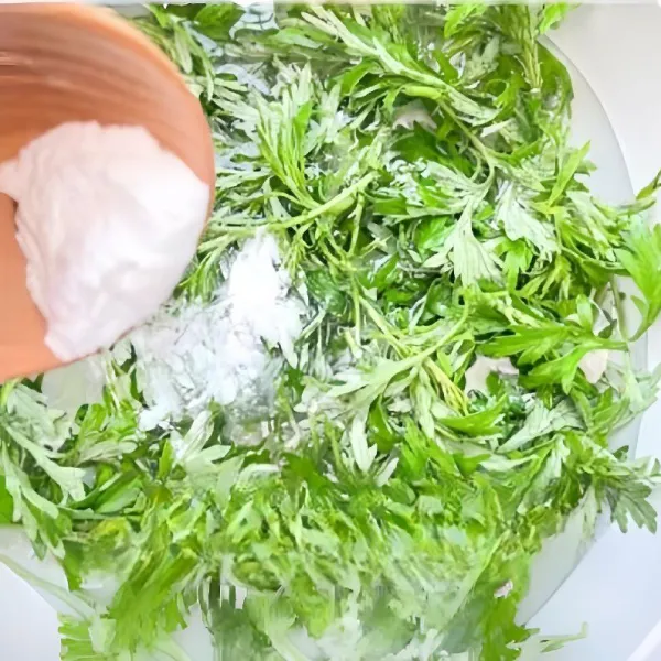 Rebus daun mugwort dan soda bubuk secukupnya selama 5 menit, angkat dan masukkan ke dalam mesin blender. Tambahkan sedikit air dan blender sampai halus