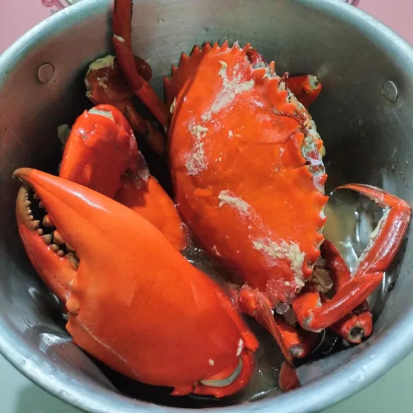 Langkah yang pertama cuci bersih kepiting nya dan rebus kepiting hingga matang dan sisihkan