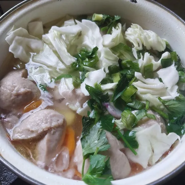 Masukkan kubis, daun bawang dan seledri