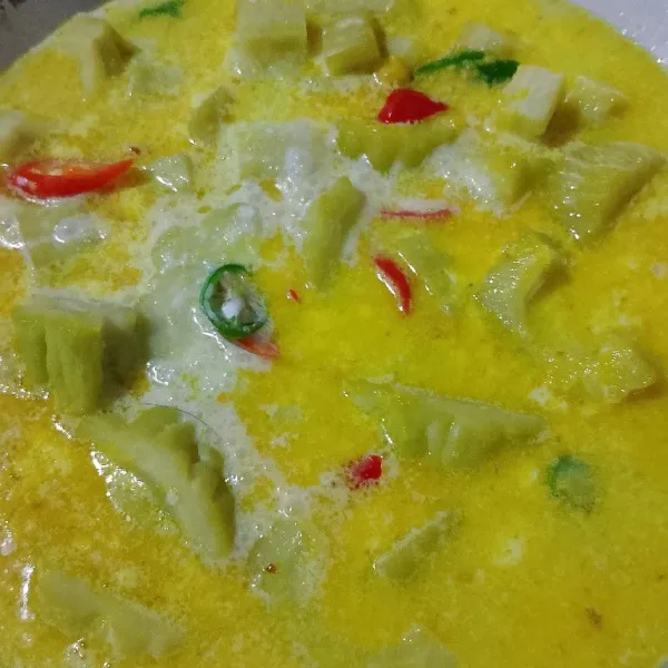 Tuang santan dan tambahkan gula serta garam secukupnya, aduk rata dan tunggu hingga mendidih.