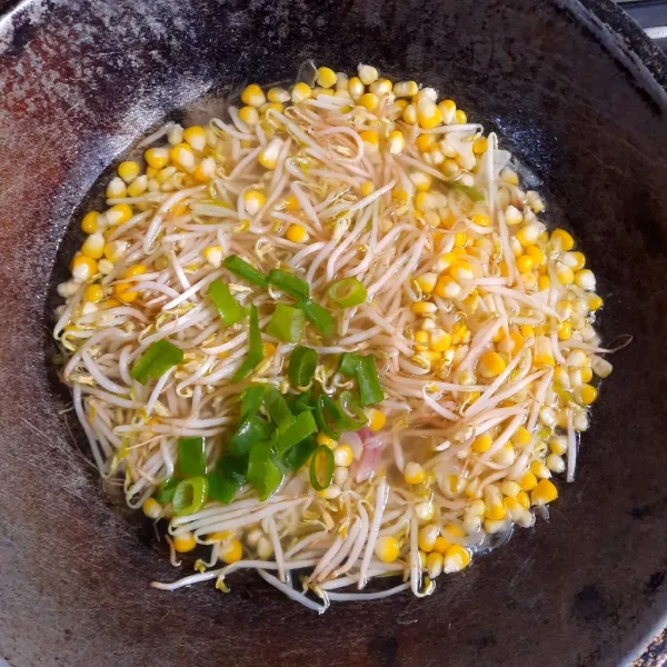 Setelah itu, masukan tauge dan irisan daun bawang.. Jangan lupa masukan garam, kaldu ayam, dan penyedap. Masak hingga semuanya empuk.