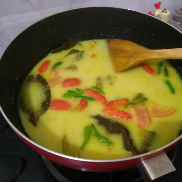 Lanjut tuang santan dan cabe rawit, aduk terus agar santan tidak pecah sampai mendidih. Sajikan.