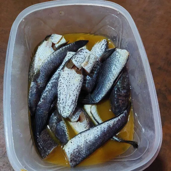 Siapkan ikan gabus, taburi dengan 1 sdt kunyit bubuk, dan garam aduk hingga ikan terbalur bumbu dan diamkan 30 menit.