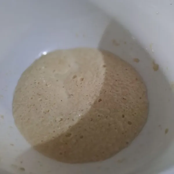Campur ragi instan SKM dan air aduk rata diamkan selama 20 menit (tutup adonan dengan serbed bersih).