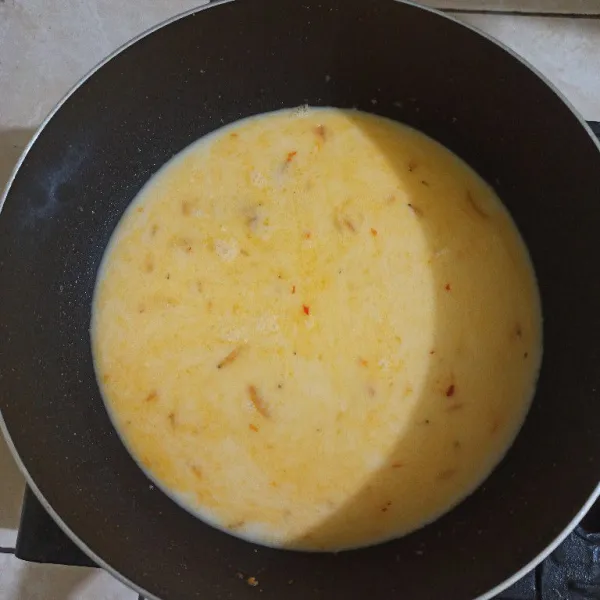 Masukkan santan, gula pasir, garam, dan kaldu jamur.