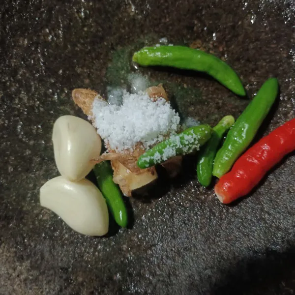 Uleg kasar bawang putih, cabe rawit, kencur, garam.
