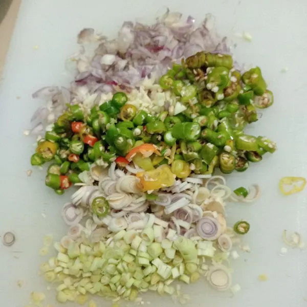 Rajang halus semua bahan (bawang merah dan putih bisa dicincang).