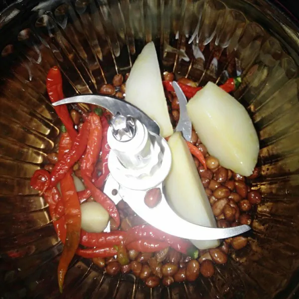 Untuk bahan saos campur semua bahan dan tambahkan 300ml air lalu Chopper sampai halus .