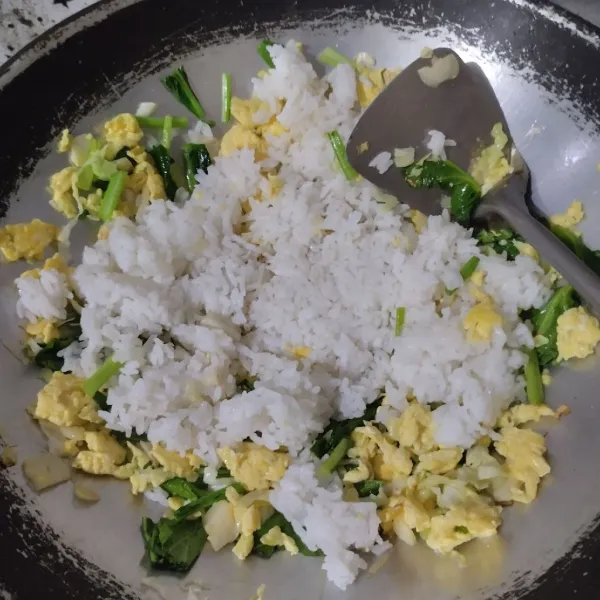 Masukkan nasi dingin, ratakan.
