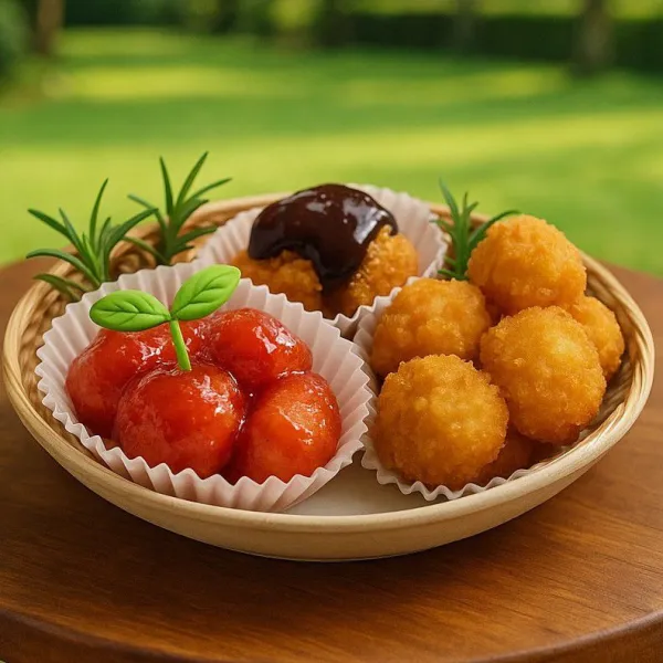 Bagi 3 bagian, lalu beri toping strawberry, coklat, dan original.