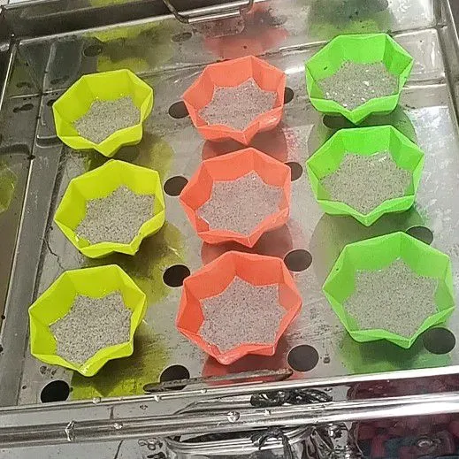 Tuang ke cetakan yang sudah diolesi minyak tipis tipis isi 1/4 dr tinggi cetakan lalu kukus selama 5 menit