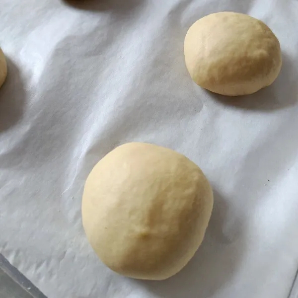 Setelah mengembang 2x, kempiskan adonan dan potong-potong, lalu timbang adonan seberat 75 gr dan istirahatkan kembali hingga mengembang 2x lipat.