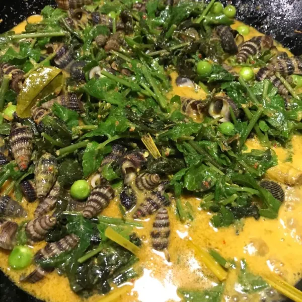 lalu masukkan siput masak sampai mendidih, kemudian disusul dengan cempokak dan sayur pakis