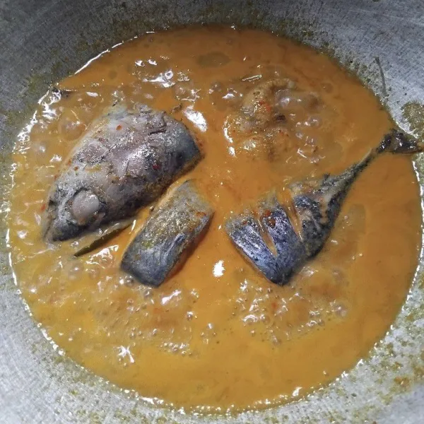 Tunggu mendidih, lalu masukkan ikan tongkol, garam, kaldu bubuk, gula pasir, dan santan. Aduk rata.
