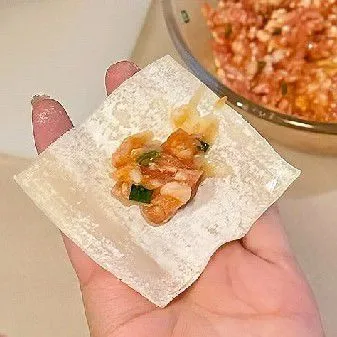 Ambil satu lembar kulit pangsit, letakkan adonan daging di tengahnya.