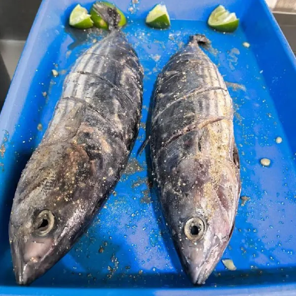 Lumuri ikan yang sudah di bersihkan dan jangan lupa di belah bagian badan dengan jeruk nipis, garam, dan merica